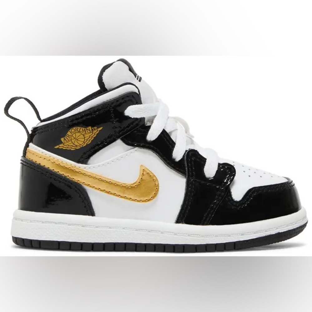 NIKE Air Jordan 1 Mid SE Patent TD 'Black Gold' Metallic Gold 7c